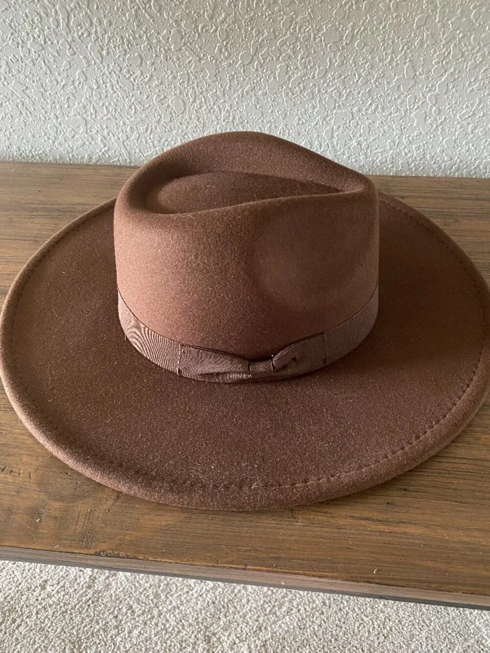 Cato Chocolate Brown Felt Fedora Hat - Wide Brim Boho Ribbon Band Adjustable OS